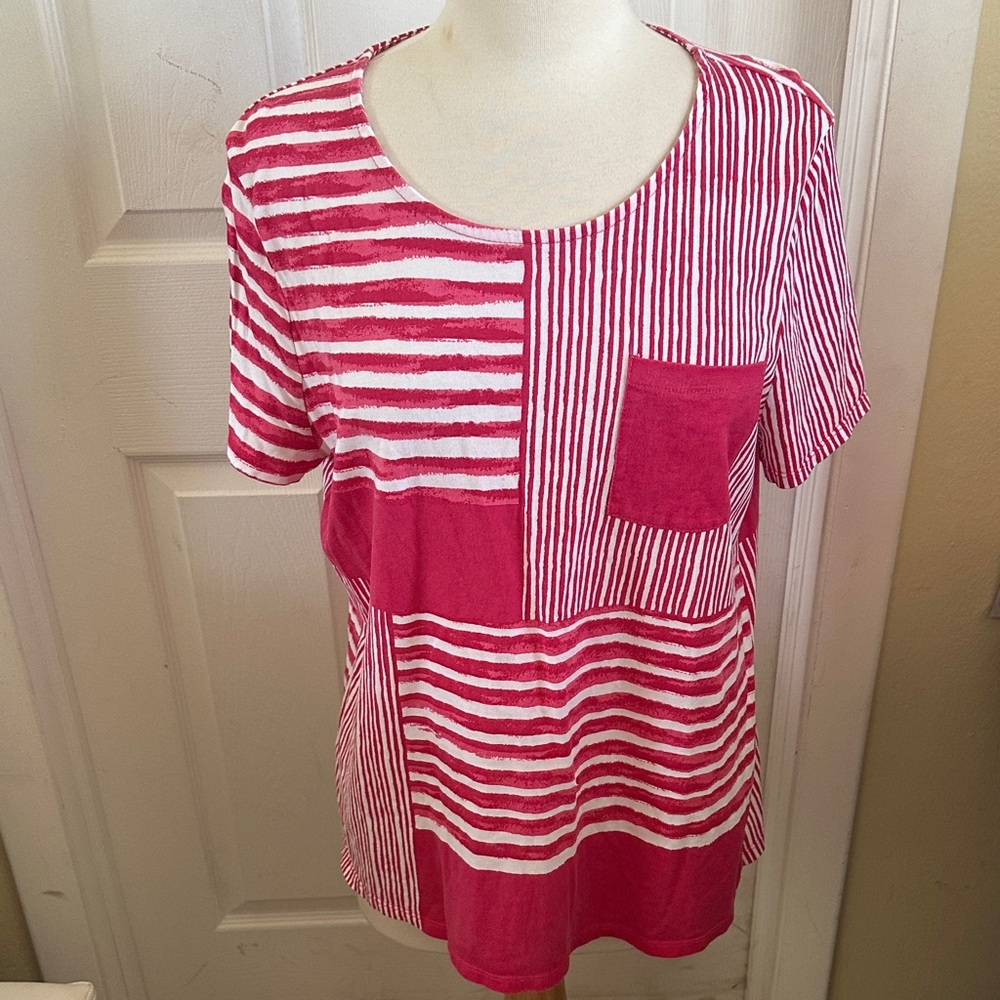 Chico's Red and White Striped Short Sleeve Top